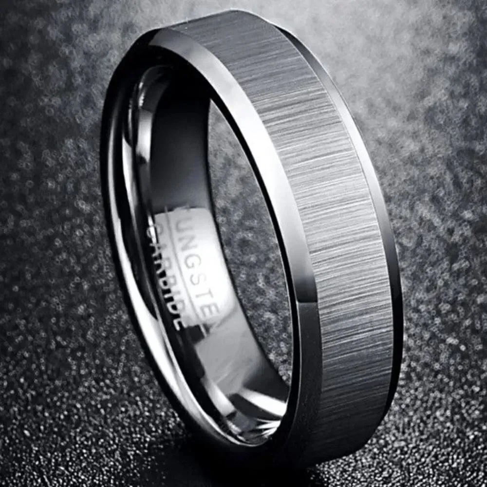Tungsten Carbide Men's Matte Finished Silver Edged Wedding Band Ring